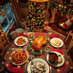 A cozy and festive Christmas dinner scene from a high bird's eye view perspective, featuring a beautifully set dining table adorned with a red and green tablecloth, shining glassware, and an array of delicious dishes including a golden-brown roasted turkey, roasted vegetables, mashed potatoes, cranberry sauce, and a rich gravy boat