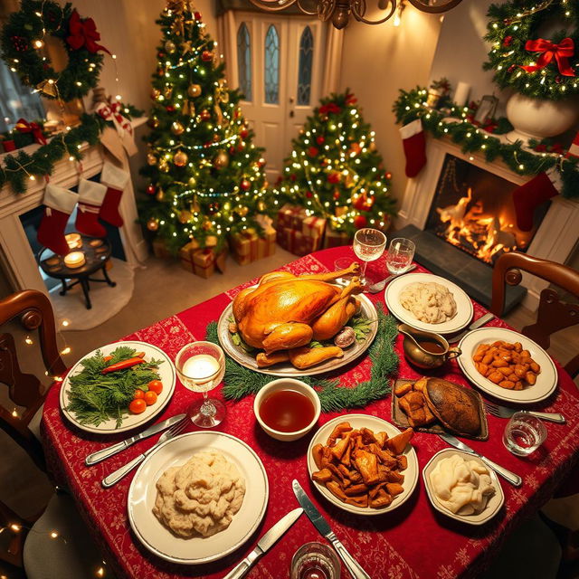 A cozy and festive Christmas dinner scene from a high bird's eye view perspective, featuring a beautifully set dining table adorned with a red and green tablecloth, shining glassware, and an array of delicious dishes including a golden-brown roasted turkey, roasted vegetables, mashed potatoes, cranberry sauce, and a rich gravy boat