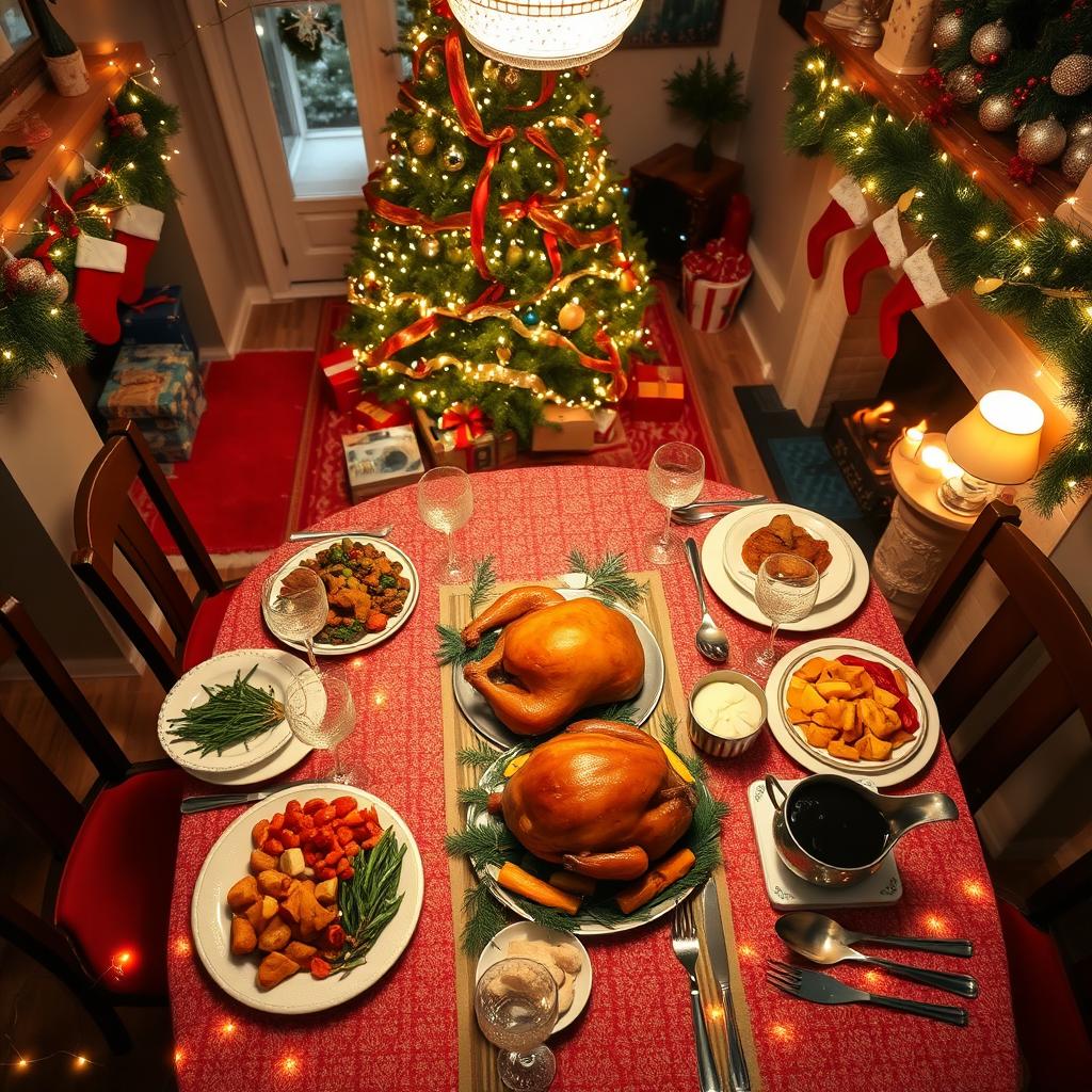 A cozy and festive Christmas dinner scene from a high bird's eye view perspective, featuring a beautifully set dining table adorned with a red and green tablecloth, shining glassware, and an array of delicious dishes including a golden-brown roasted turkey, roasted vegetables, mashed potatoes, cranberry sauce, and a rich gravy boat