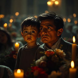 A poignant scene inspired by "Los Moribundos" by Julio Ramón Ribeyro, depicting a young boy and a man named Javier in a somber atmosphere, observing deceased figures in a funeral setting