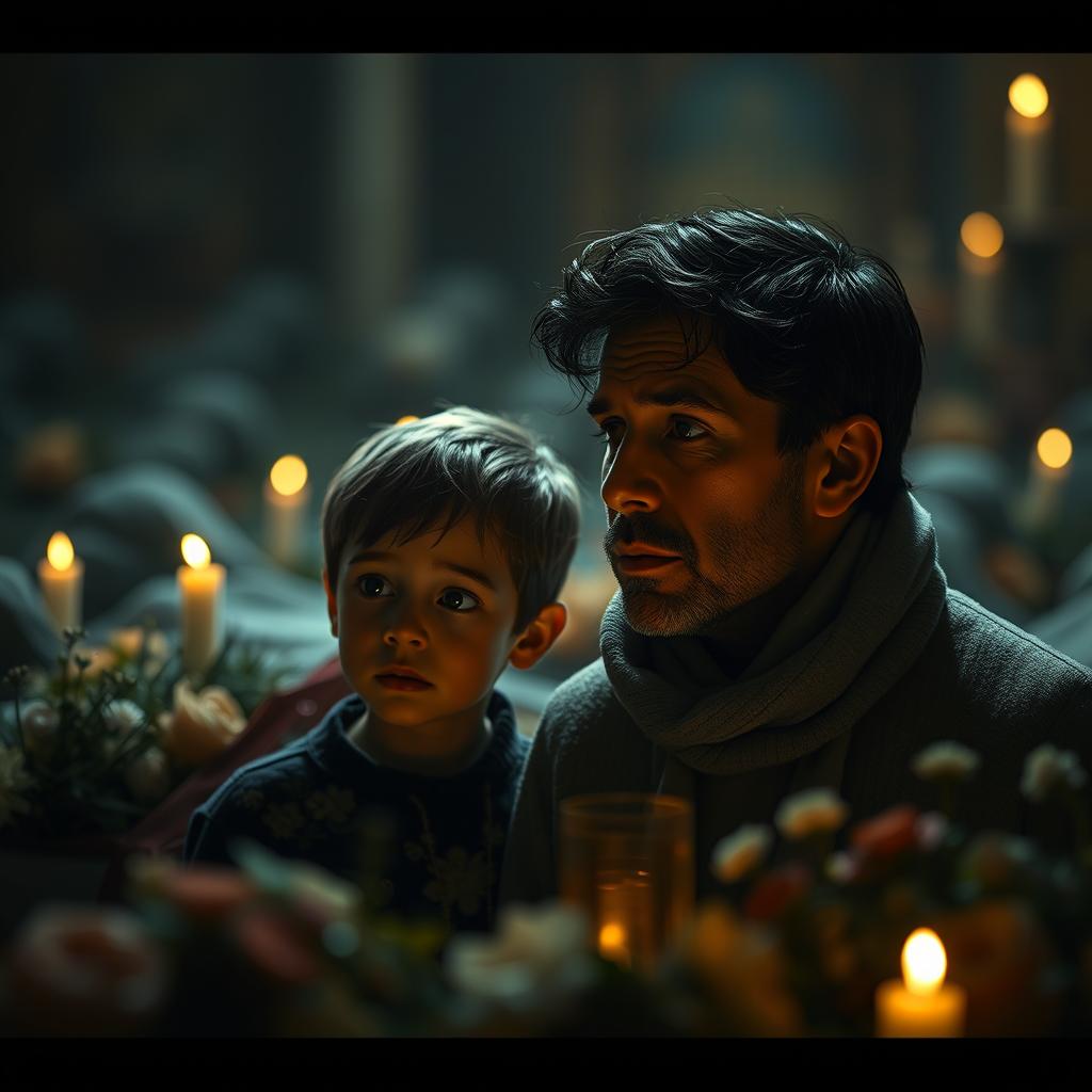 A poignant scene inspired by "Los Moribundos" by Julio Ramón Ribeyro, depicting a young boy and a man named Javier in a somber atmosphere, observing deceased figures in a funeral setting