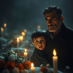 A poignant scene inspired by "Los Moribundos" by Julio Ramón Ribeyro, depicting a young boy and a man named Javier in a somber atmosphere, observing deceased figures in a funeral setting