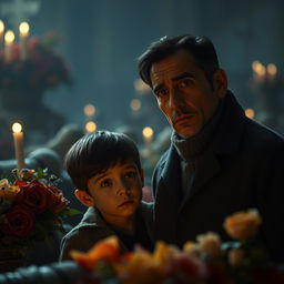 A poignant scene inspired by "Los Moribundos" by Julio Ramón Ribeyro, depicting a young boy and a man named Javier in a somber atmosphere, observing deceased figures in a funeral setting