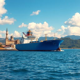 A majestic blue tanker ship sailing through calm azure waters, surrounded by a stunning Islamic architectural background featuring intricate domes, arches, and minarets