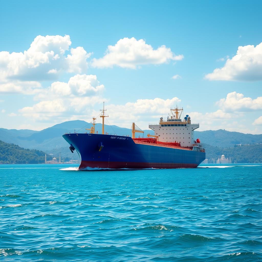 A majestic blue tanker ship sailing through calm azure waters, surrounded by a stunning Islamic architectural background featuring intricate domes, arches, and minarets