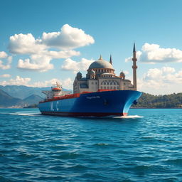 A majestic blue tanker ship sailing through calm azure waters, surrounded by a stunning Islamic architectural background featuring intricate domes, arches, and minarets