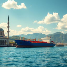 A majestic blue tanker ship sailing through calm azure waters, surrounded by a stunning Islamic architectural background featuring intricate domes, arches, and minarets