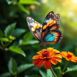 A realistic and vibrant butterfly perched delicately on a colorful wildflower in its natural habitat, with a lush green background featuring soft sunlight filtering through the leaves