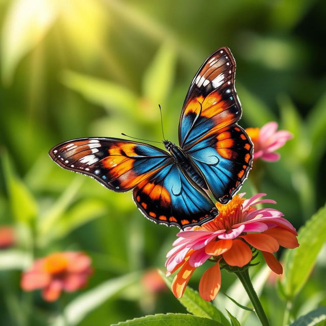 A realistic and vibrant butterfly perched delicately on a colorful wildflower in its natural habitat, with a lush green background featuring soft sunlight filtering through the leaves