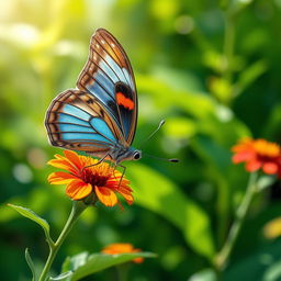 A realistic and vibrant butterfly perched delicately on a colorful wildflower in its natural habitat, with a lush green background featuring soft sunlight filtering through the leaves