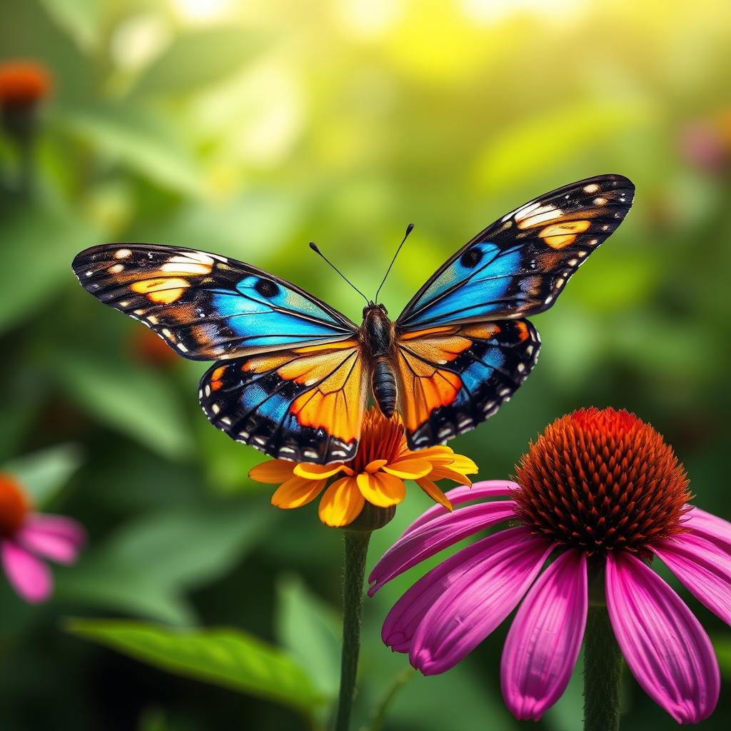 A realistic and vibrant butterfly perched delicately on a colorful wildflower in its natural habitat, with a lush green background featuring soft sunlight filtering through the leaves