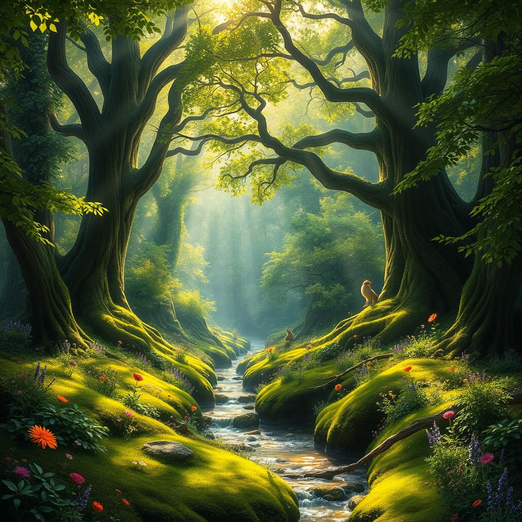 A lush, enchanted forest background filled with vibrant green foliage, towering ancient trees, and dappled sunlight filtering through the leaves