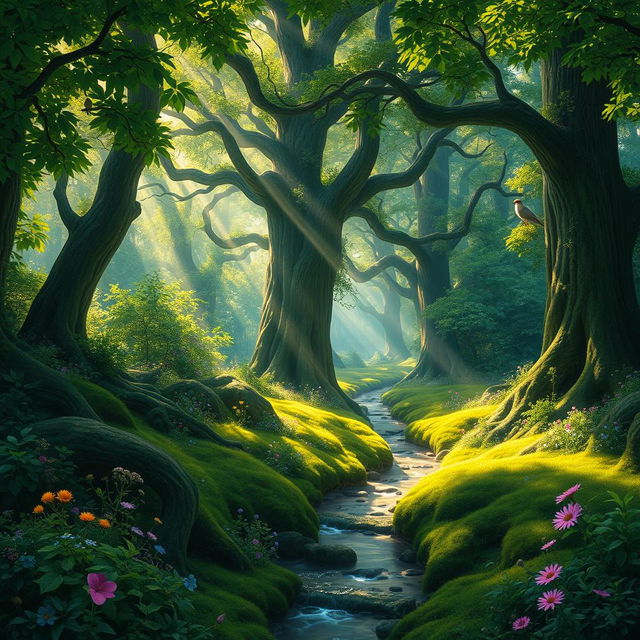 A lush, enchanted forest background filled with vibrant green foliage, towering ancient trees, and dappled sunlight filtering through the leaves