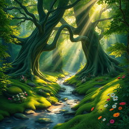 A lush, enchanted forest background filled with vibrant green foliage, towering ancient trees, and dappled sunlight filtering through the leaves