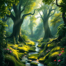 A lush, enchanted forest background filled with vibrant green foliage, towering ancient trees, and dappled sunlight filtering through the leaves