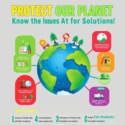A colorful and engaging campaign poster focused on raising student awareness about current environmental issues and potential solutions