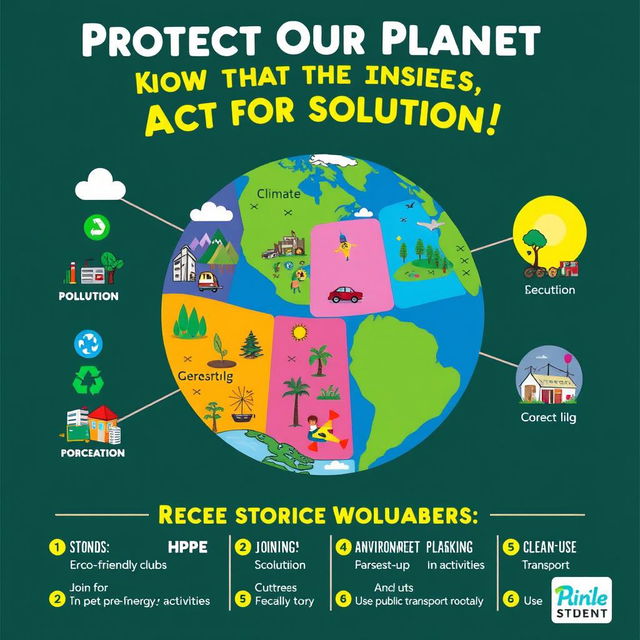 A colorful and engaging campaign poster focused on raising student awareness about current environmental issues and potential solutions