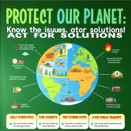 A colorful and engaging campaign poster focused on raising student awareness about current environmental issues and potential solutions