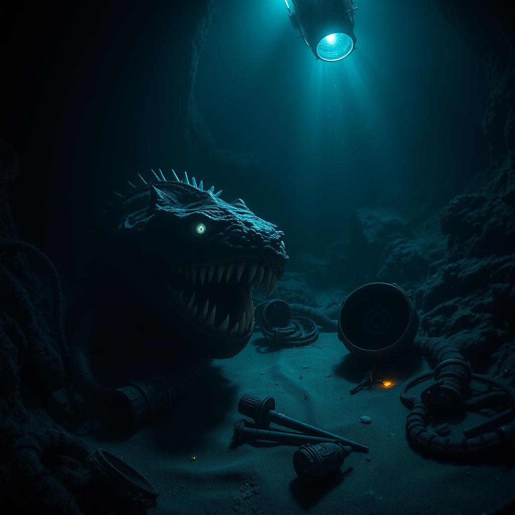 A chilling underwater scene depicting the Mariana Trench, showcasing eerie bioluminescent creatures lurking in the dark depths