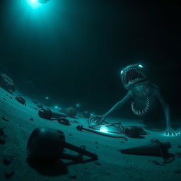 A chilling underwater scene depicting the Mariana Trench, showcasing eerie bioluminescent creatures lurking in the dark depths