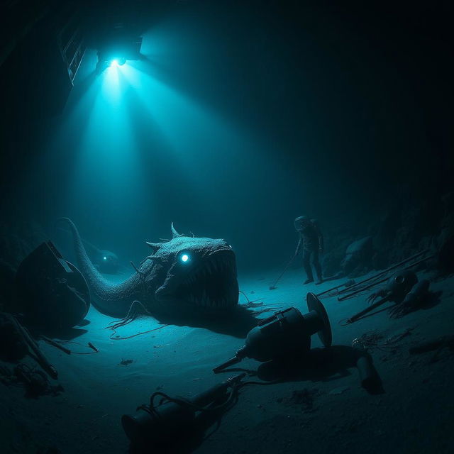 A chilling underwater scene depicting the Mariana Trench, showcasing eerie bioluminescent creatures lurking in the dark depths