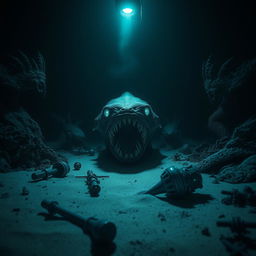 A chilling underwater scene depicting the Mariana Trench, showcasing eerie bioluminescent creatures lurking in the dark depths