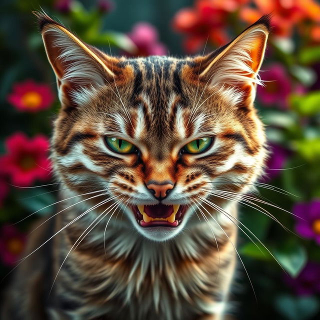 A highly detailed portrait of an angry cat, featuring bright green eyes narrowed in irritation, fur slightly ruffled to emphasize its displeasure