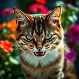 A highly detailed portrait of an angry cat, featuring bright green eyes narrowed in irritation, fur slightly ruffled to emphasize its displeasure