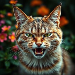 A highly detailed portrait of an angry cat, featuring bright green eyes narrowed in irritation, fur slightly ruffled to emphasize its displeasure