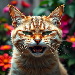 A highly detailed portrait of an angry cat, featuring bright green eyes narrowed in irritation, fur slightly ruffled to emphasize its displeasure