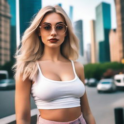 A high-quality digital photograph featuring a blonde Instagram model