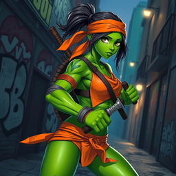 A female character transformed into a Teenage Mutant Ninja Turtle, featuring vibrant green skin, wearing a orange bandana and carrying a pair of nunchucks