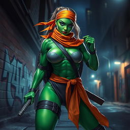 A female character transformed into a Teenage Mutant Ninja Turtle, featuring vibrant green skin, wearing a orange bandana and carrying a pair of nunchucks