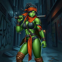 A female character transformed into a Teenage Mutant Ninja Turtle, featuring vibrant green skin, wearing a orange bandana and carrying a pair of nunchucks