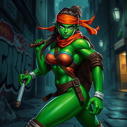 A female character transformed into a Teenage Mutant Ninja Turtle, featuring vibrant green skin, wearing a orange bandana and carrying a pair of nunchucks