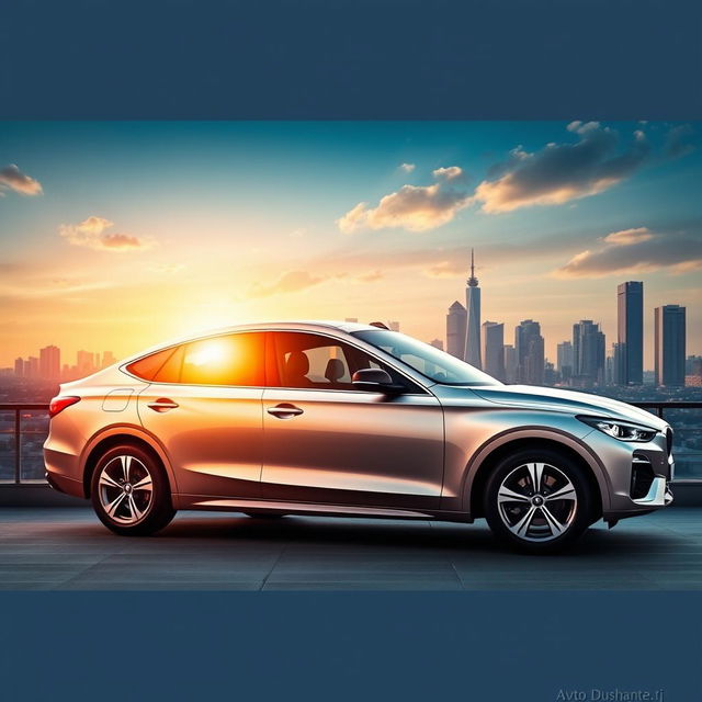 A striking profile picture for an auto advertisement, featuring a sleek and modern car exterior, prominently displayed with the name 'Avto_Dushanbe_tj' artistically integrated into the design