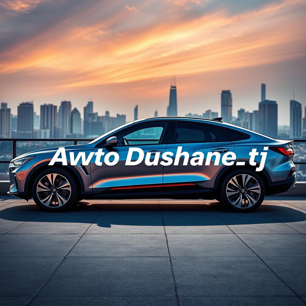 A striking profile picture for an auto advertisement, featuring a sleek and modern car exterior, prominently displayed with the name 'Avto_Dushanbe_tj' artistically integrated into the design