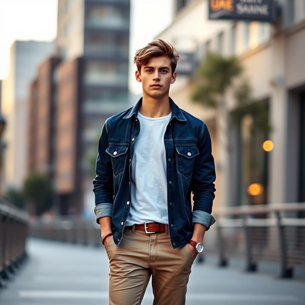 A stylish young man dressed in casual attire, wearing a fitted dark blue denim jacket over a simple white t-shirt, paired with slim-fit khaki chinos