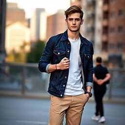 A stylish young man dressed in casual attire, wearing a fitted dark blue denim jacket over a simple white t-shirt, paired with slim-fit khaki chinos