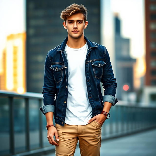 A stylish young man dressed in casual attire, wearing a fitted dark blue denim jacket over a simple white t-shirt, paired with slim-fit khaki chinos