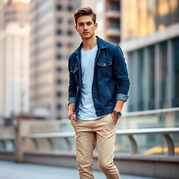 A stylish young man dressed in casual attire, wearing a fitted dark blue denim jacket over a simple white t-shirt, paired with slim-fit khaki chinos