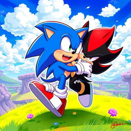 A vibrant illustration featuring Sonic the Hedgehog joyfully hugging Shadow the Hedgehog