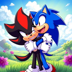 A vibrant illustration featuring Sonic the Hedgehog joyfully hugging Shadow the Hedgehog
