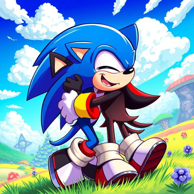 A vibrant illustration featuring Sonic the Hedgehog joyfully hugging Shadow the Hedgehog
