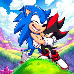 A vibrant illustration featuring Sonic the Hedgehog joyfully hugging Shadow the Hedgehog