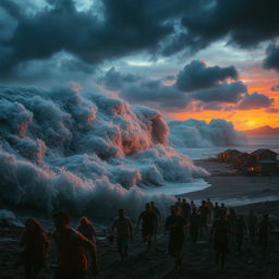 A chilling and dramatic scene depicting a massive tsunami hitting a coastal village at sunset