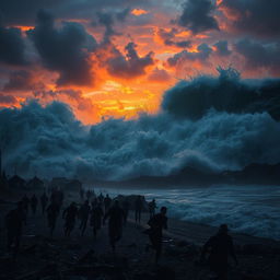 A chilling and dramatic scene depicting a massive tsunami hitting a coastal village at sunset