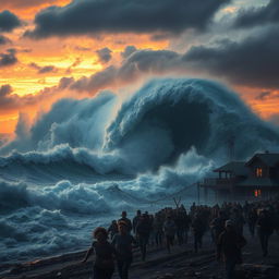 A chilling and dramatic scene depicting a massive tsunami hitting a coastal village at sunset