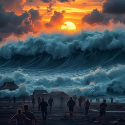 A chilling and dramatic scene depicting a massive tsunami hitting a coastal village at sunset