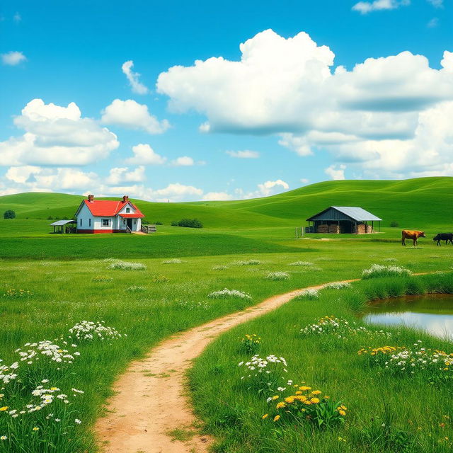 A serene rural landscape, featuring rolling green hills, a quaint farmhouse with a red roof, surrounded by blooming wildflowers